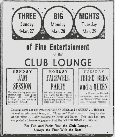 Ad for 3 Bees and a Queen at Club Lounge