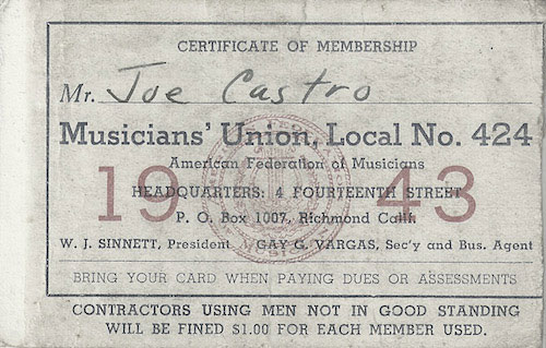 Joe Castro's Musicians' Union Card