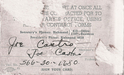 Joe Castro's Musicians' Union Card